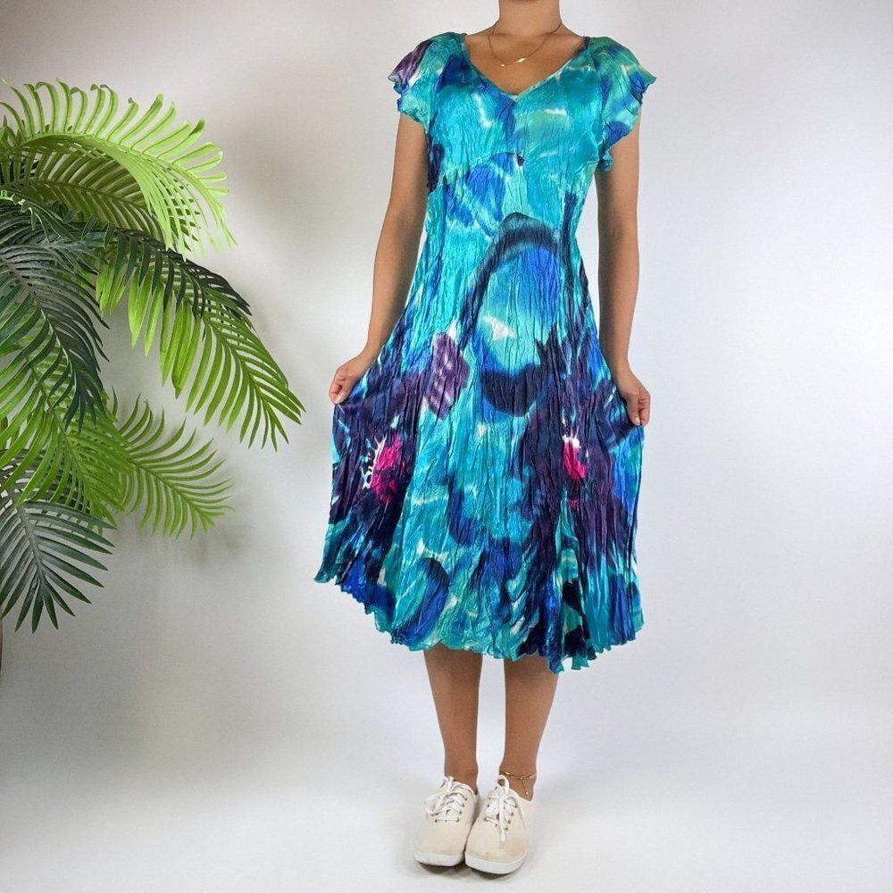 Vintage 90s Expo New York Indie Blue Floral Boho Fairycore Crinkle Midi Dress /M